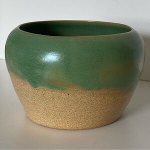 Vintage Studio Art Pottery Vase Green Glaze Beige plant pot handmade 3.5” X 5”